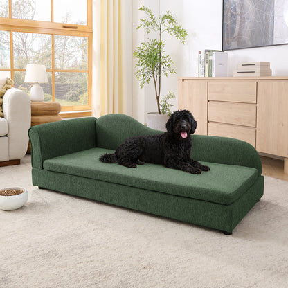 Oversized green pet sofa for medium/large dogs with a black curly dog on it in a bright living room on Tampa Home & Garden Store