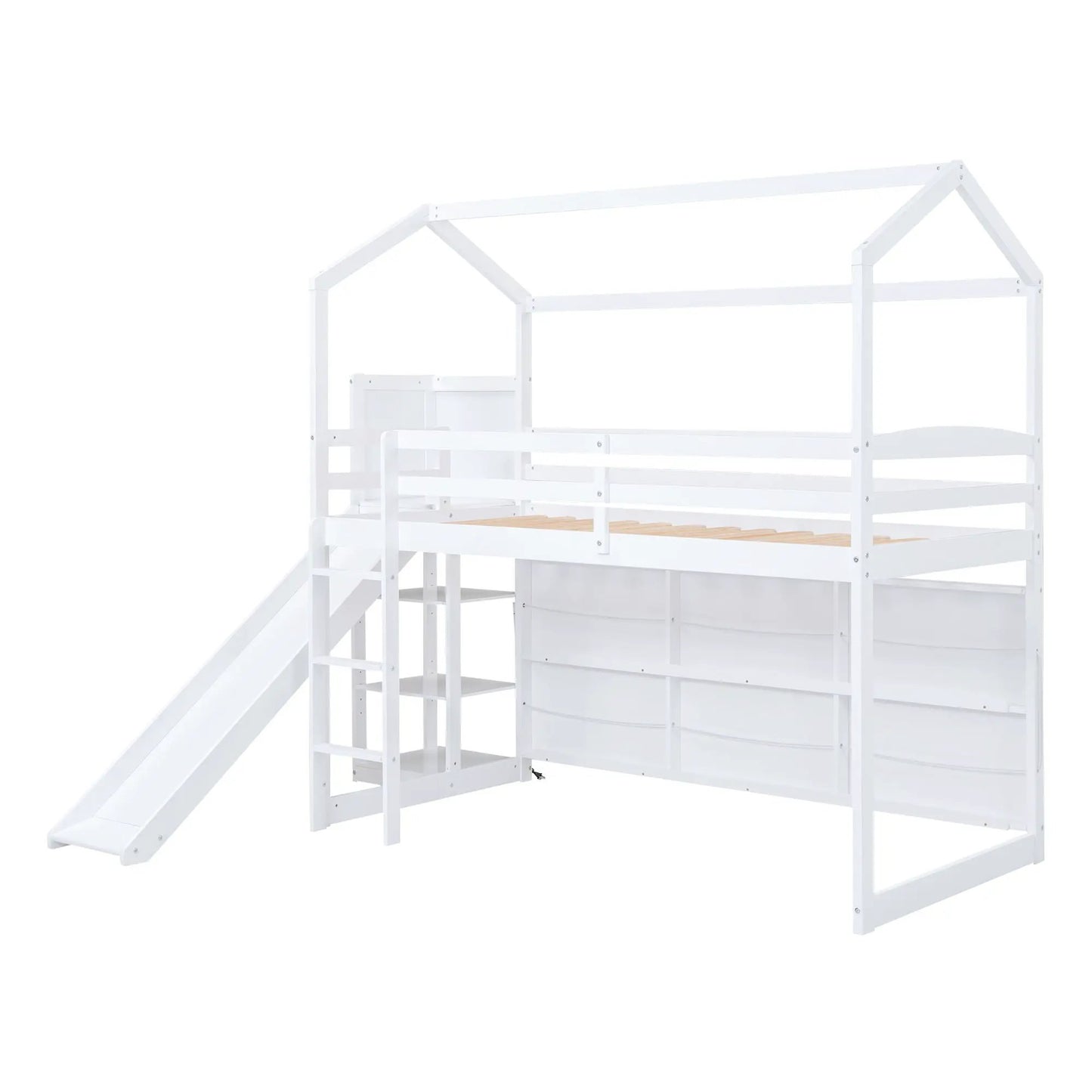 House Loft Bed with Slide and Storage Shelves
