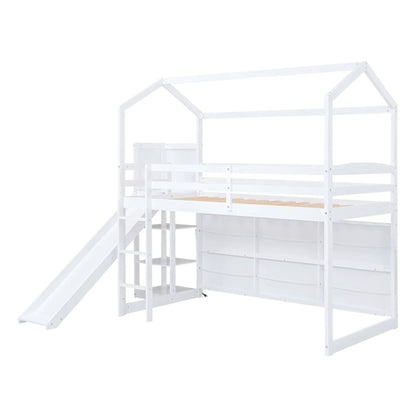 House Loft Bed with Slide and Storage Shelves