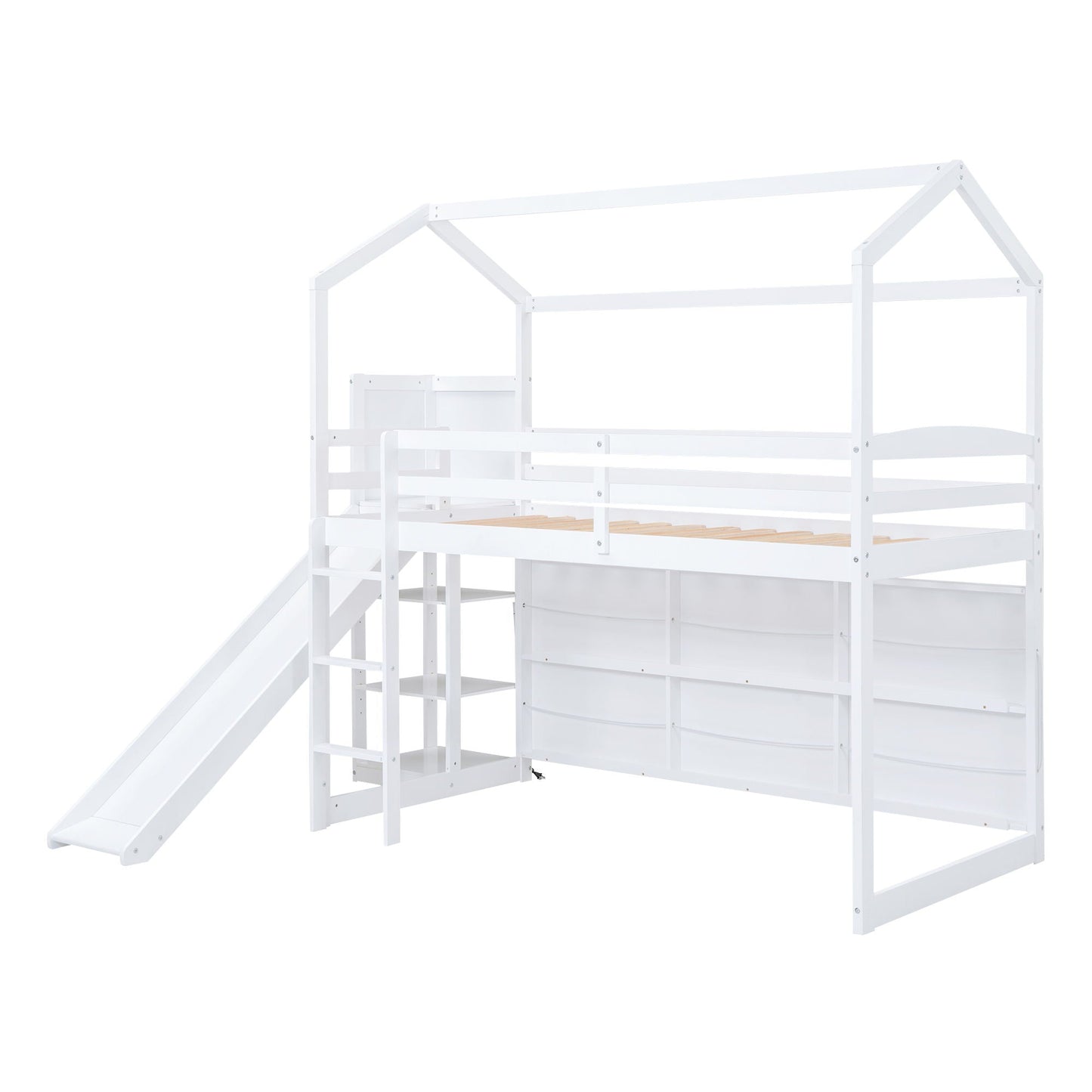 HouseOfZazla loft bed with slide and climbing ramp, white frame with storage shelves on Tampa Home & Garden Store