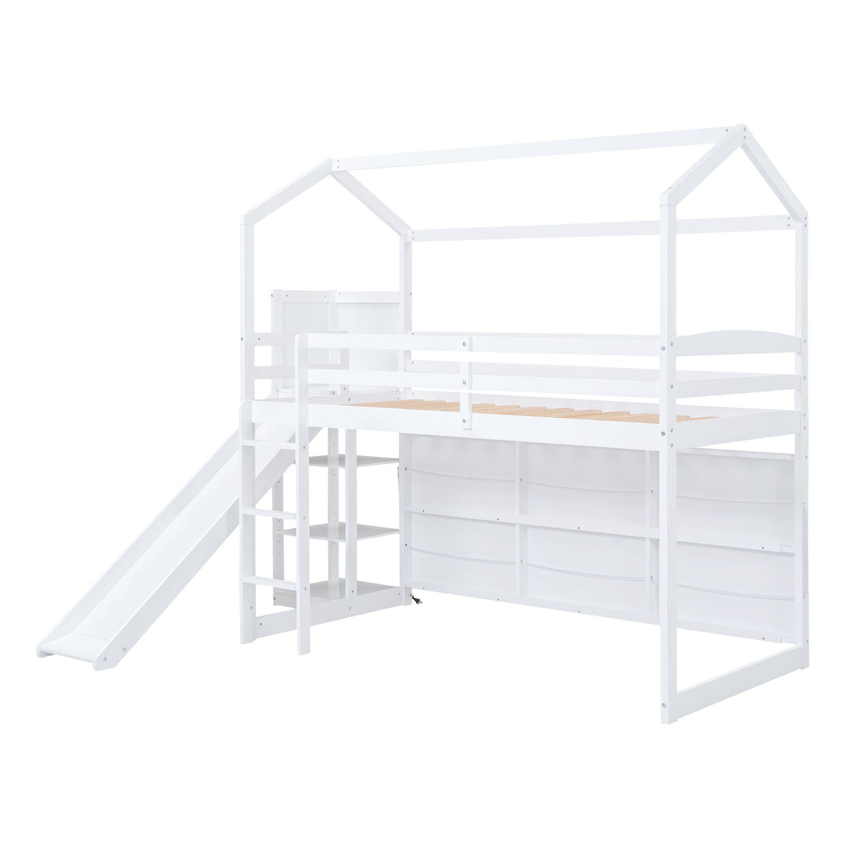 HouseOfZazla loft bed with slide and climbing ramp, white frame with storage shelves on Tampa Home & Garden Store
