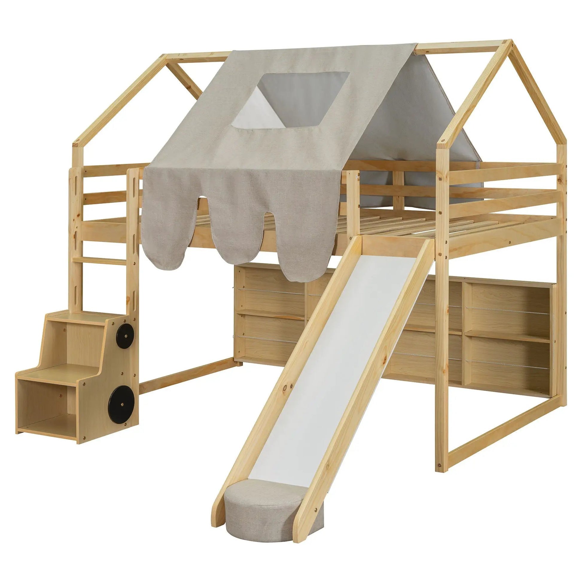 Loft Bed With House Shaped Frame And Tent, natural wood and fabric Unique Piece Furniture on Tampa Home & Garden Store