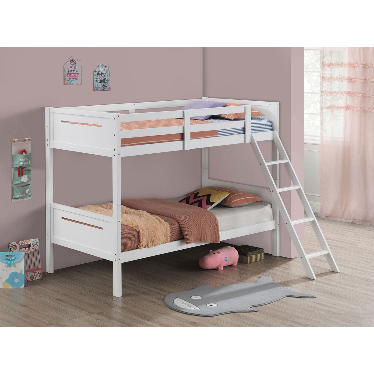 Bunk bed with built-in ladder, safety guardrails, and angled access step in white finish on Tampa Home & Garden Store