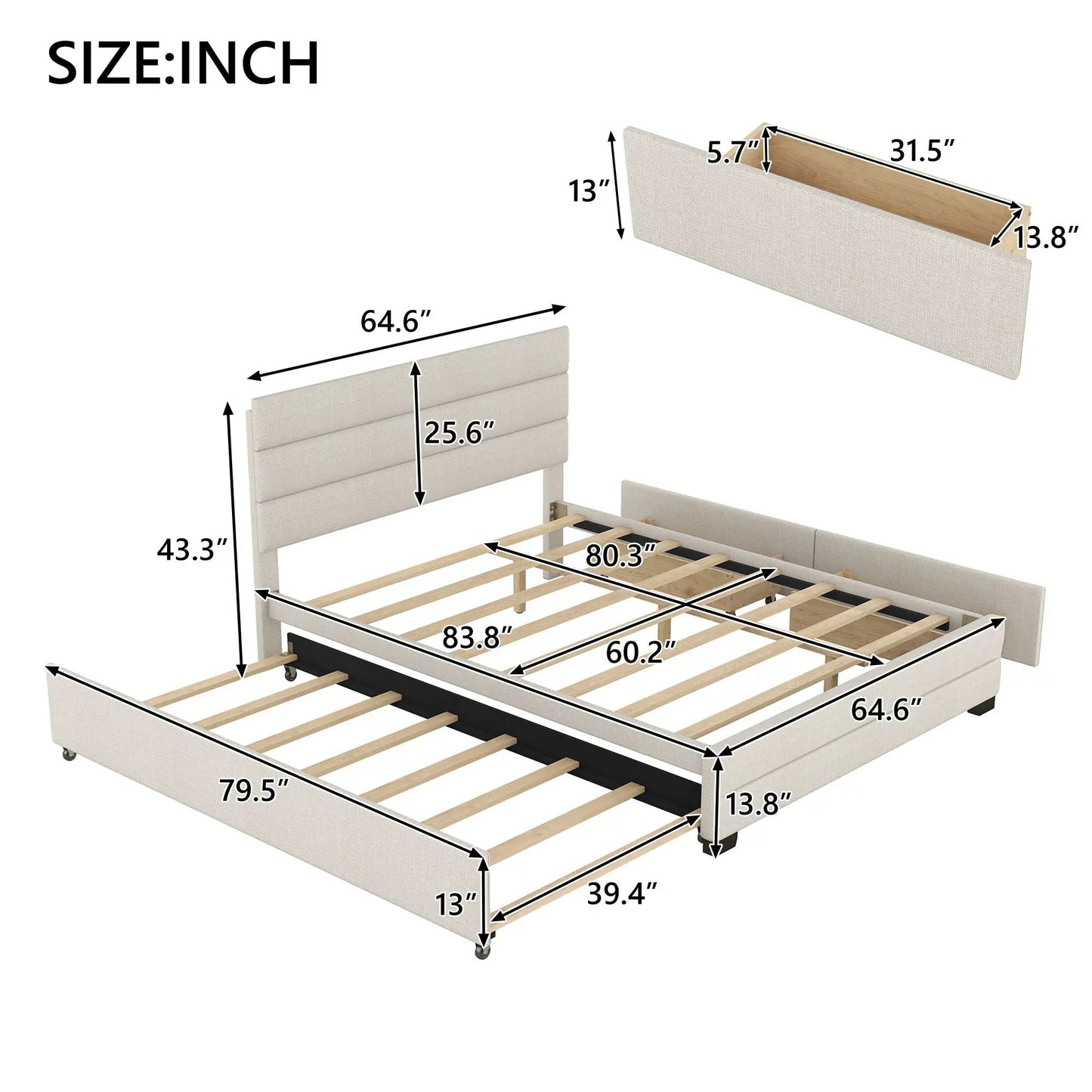 Queen platform bed with twin trundle and 2 beige storage drawers by Unique Piece Furniture on Tampa Home & Garden Store