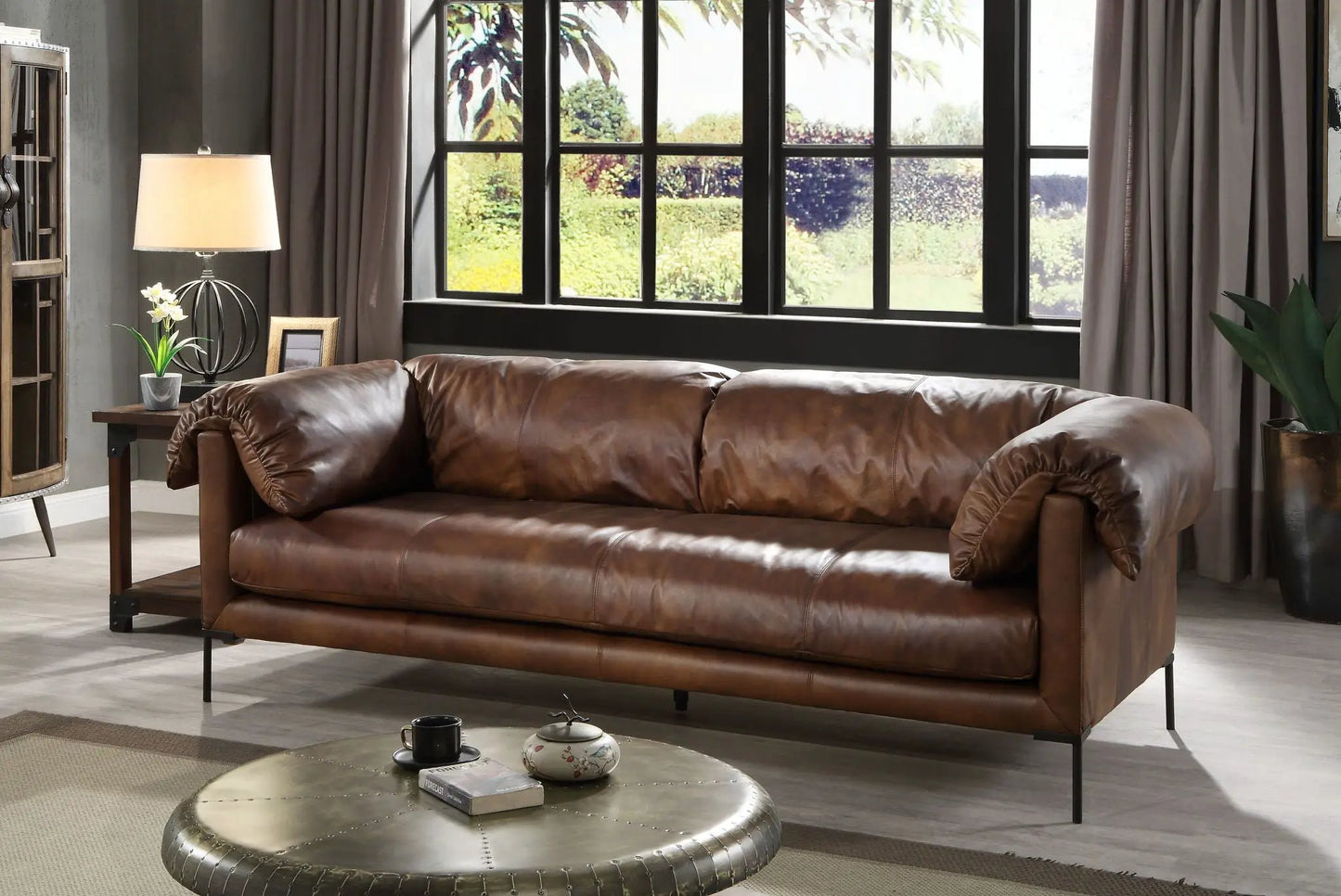 Jaron leather sofa mocha, stationary sofa by Unique Piece Furniture in a living room on Tampa Home & Garden Store