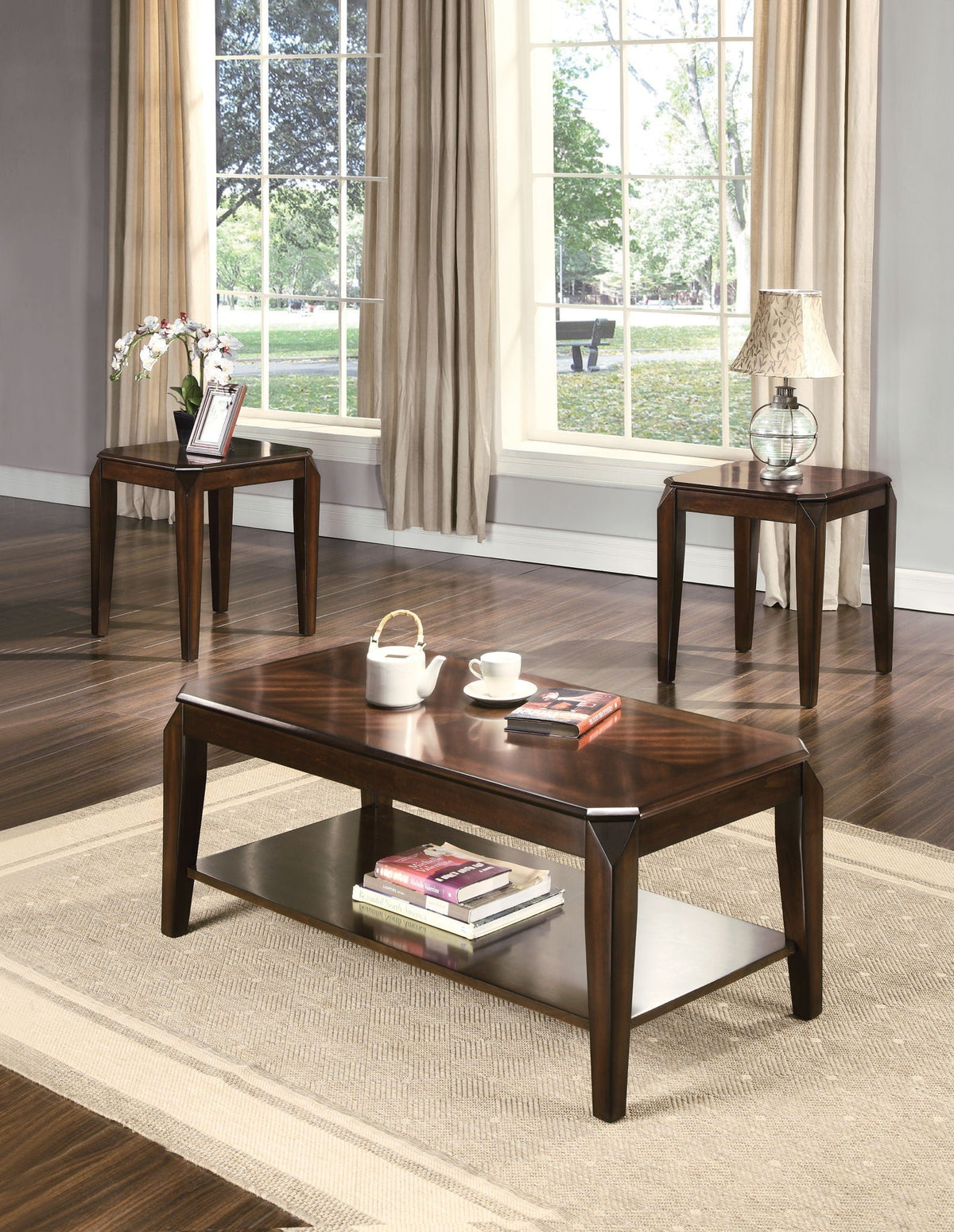 Docila 3-Piece Walnut Table Set with Parquet Tops dark brown; coffee and two end tables on Tampa Home & Garden Store