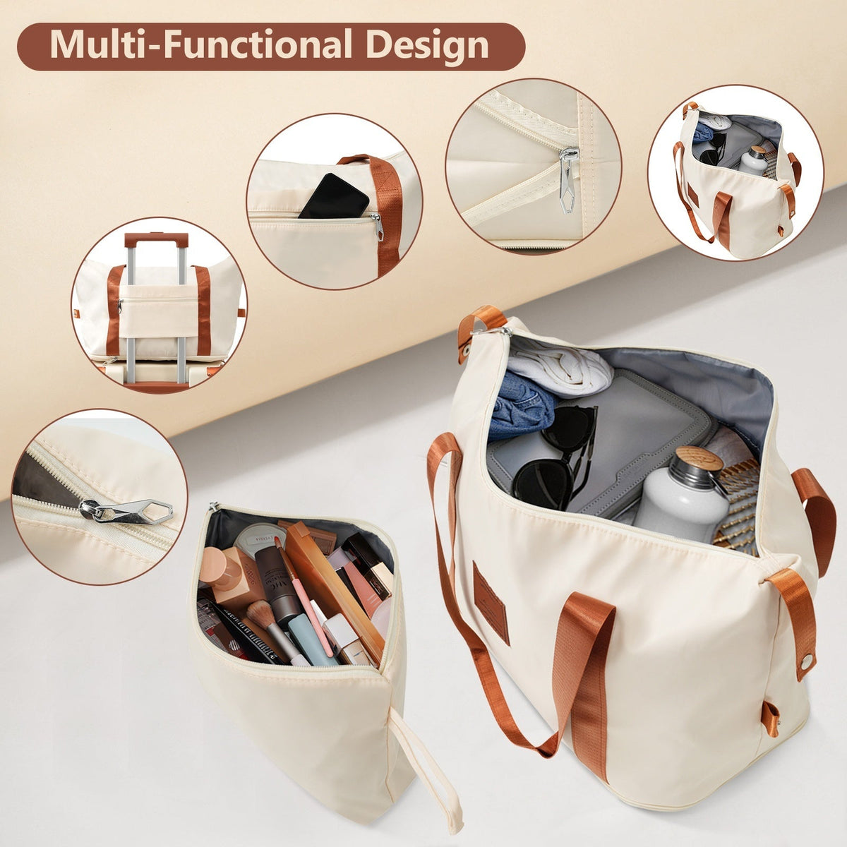 Brown & White 6-Piece Expandable Luggage Set by HouseOfZazla, beige fabric with brown straps on Tampa Home & Garden Store