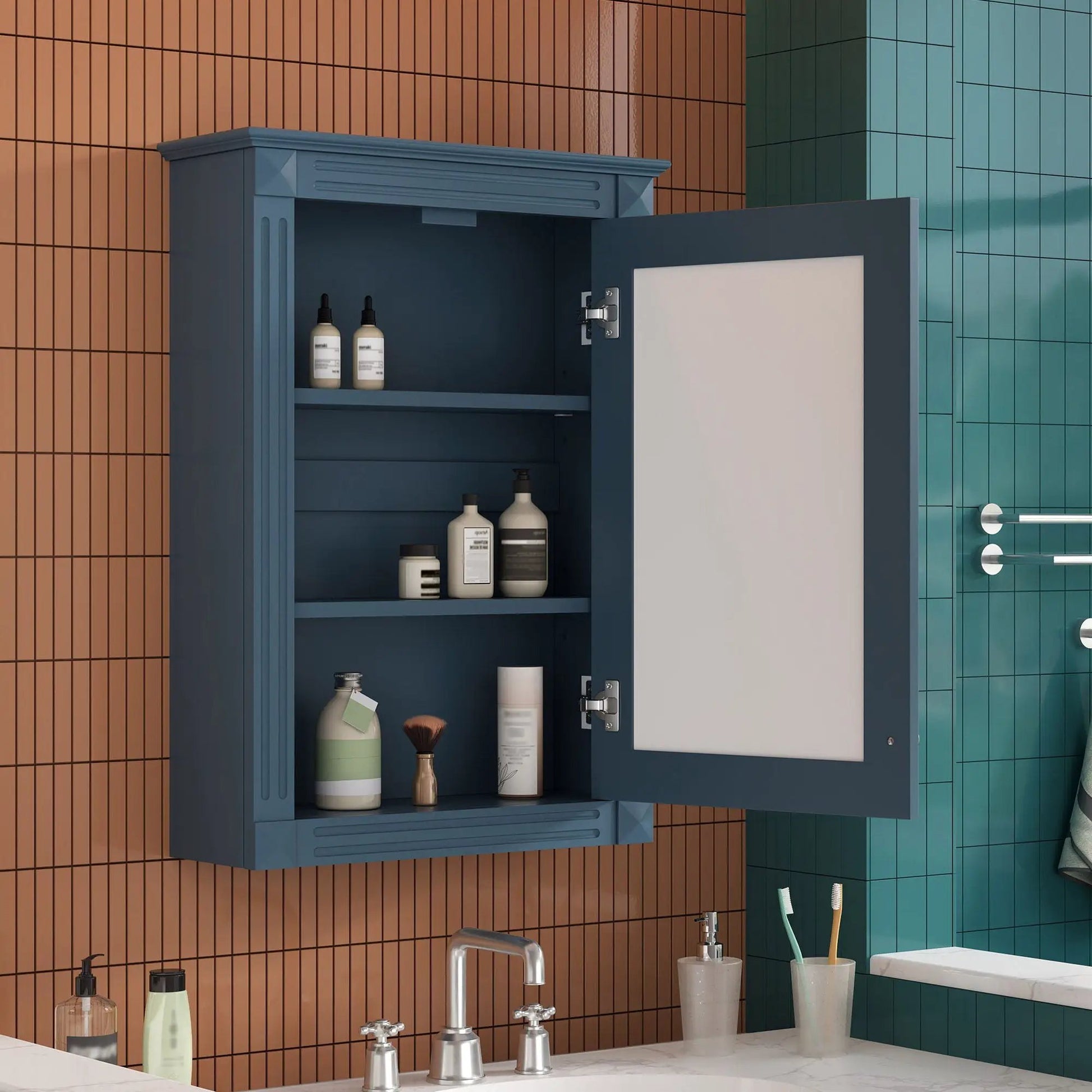 Wall mounted medicine cabinet with mirror in blue finish, over-toilet bathroom storage on Tampa Home & Garden Store