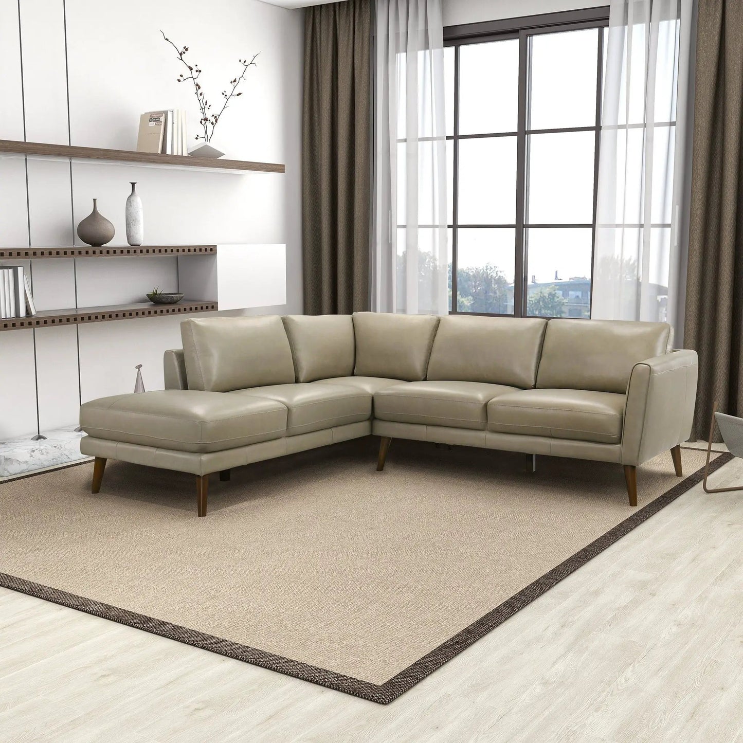 Benson stationary sectional with chaise beige leather, wooden legs, Unique Piece Furniture on Tampa Home & Garden Store