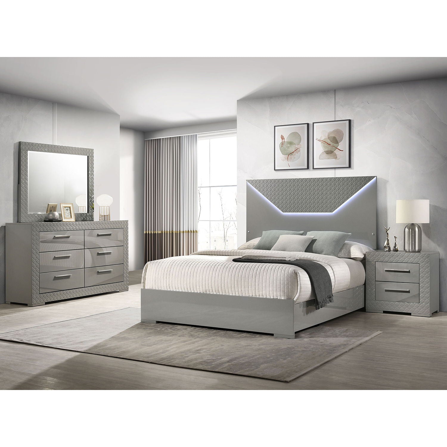 Pierce 4 Piece Bedroom Set with LED Lighting; illuminated headboard, dresser & nightstands on Tampa Home & Garden Store