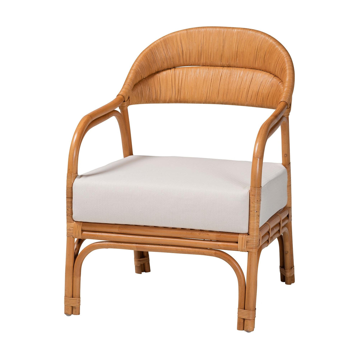 HouseOfZazla Honey Rattan Accent Chair, curved rattan frame with woven back and beige cushion on Tampa Home & Garden Store