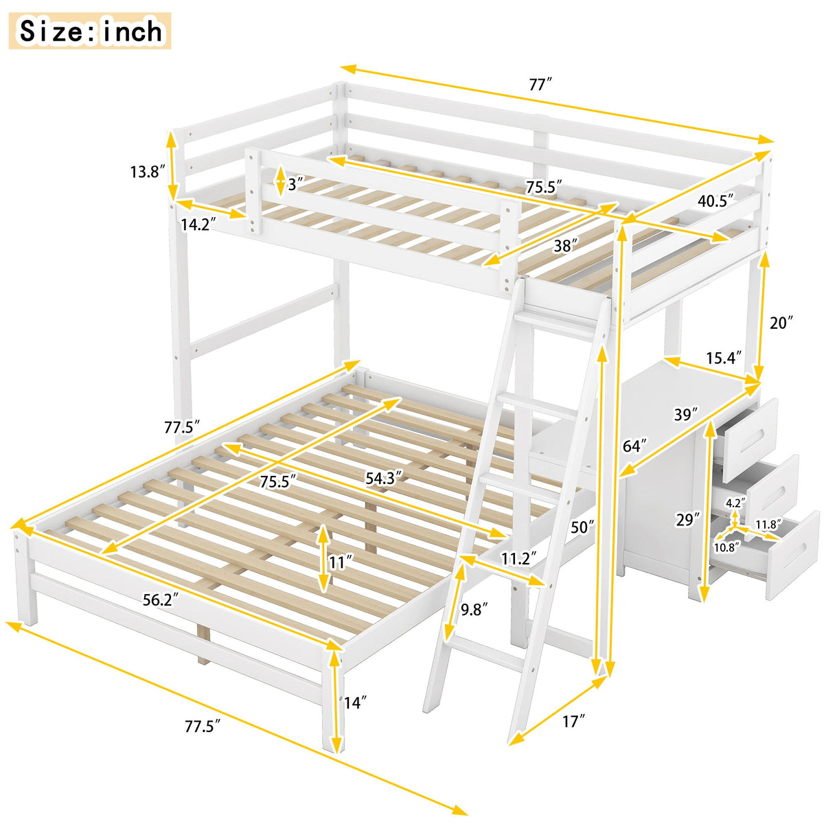 Bunk bed with built-in desk and 3 drawers, white finish, HouseOfZazla bunk beds on Tampa Home & Garden Store