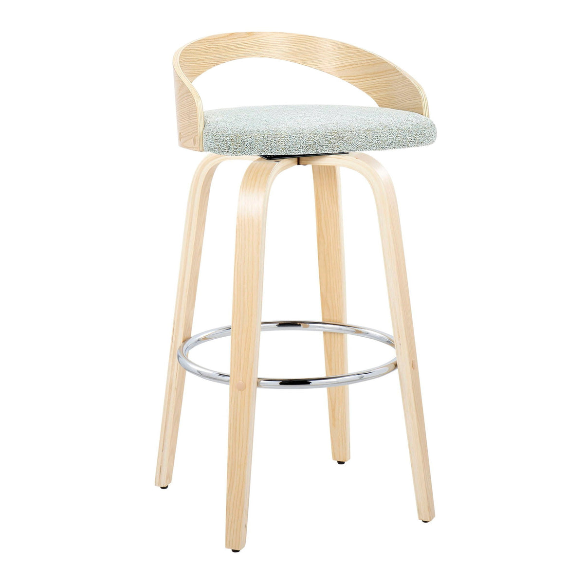 Barstool set fixed-height with curved wood frame, gray speckled cushion, chrome footrest on Tampa Home & Garden Store