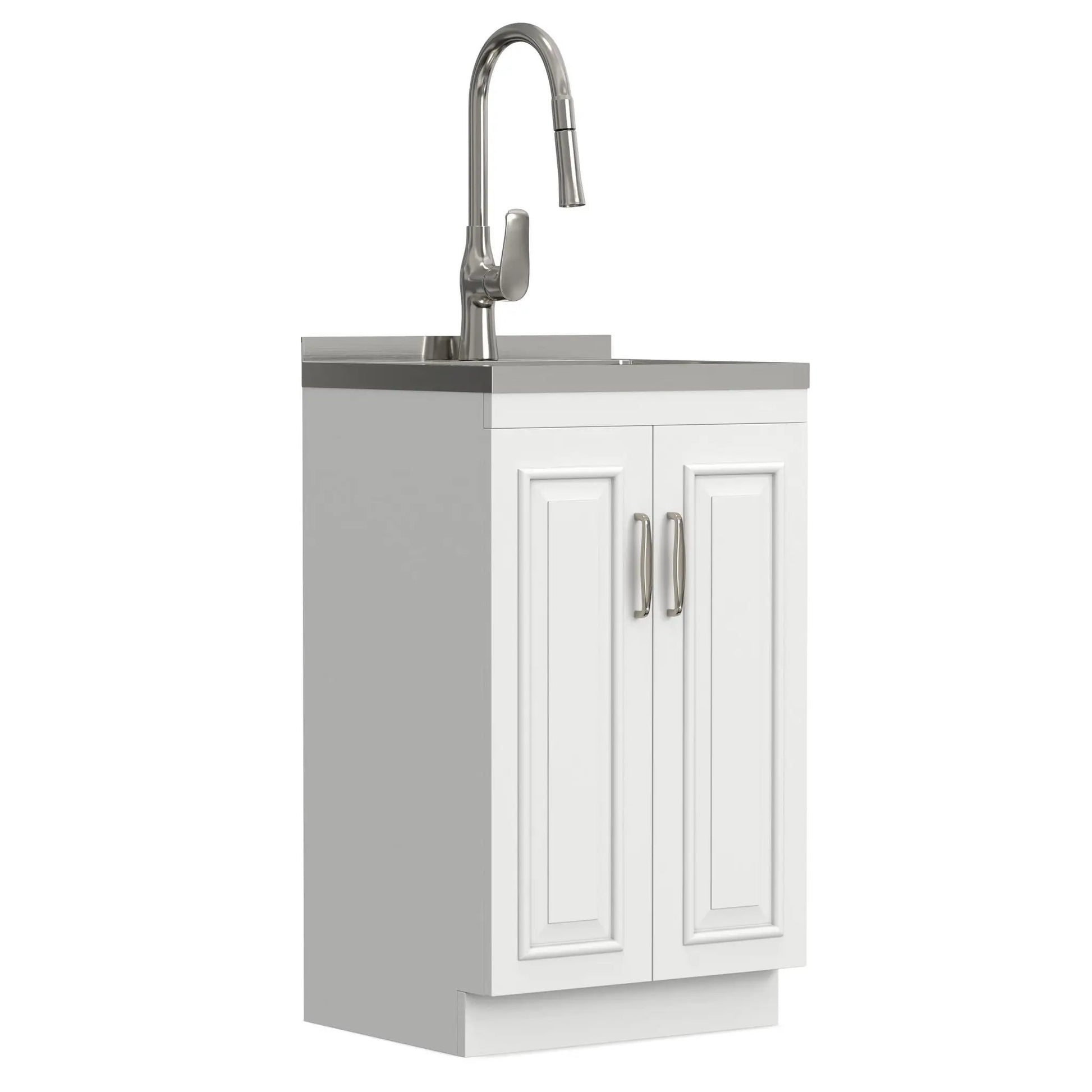Darwin Deluxe Laundry Cabinet with pull-out faucet and stainless sink, white raised-panel vanity on Tampa Home & Garden Store
