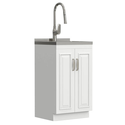 Darwin Deluxe Laundry Cabinet with pull-out faucet and stainless sink, white raised-panel vanity on Tampa Home & Garden Store