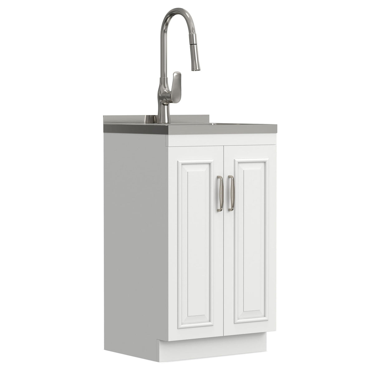 Deluxe laundry cabinet vanity with stainless steel sink and gooseneck faucet, white doors on Tampa Home & Garden Store