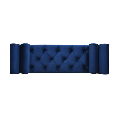 Blue velvet tufted entryway bench with flared cylindrical arms and diamond tufting on Tampa Home & Garden Store