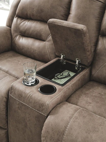 Stoneland reclining sofa with center storage console in brown leather by Unique Piece Furniture on Tampa Home & Garden Store