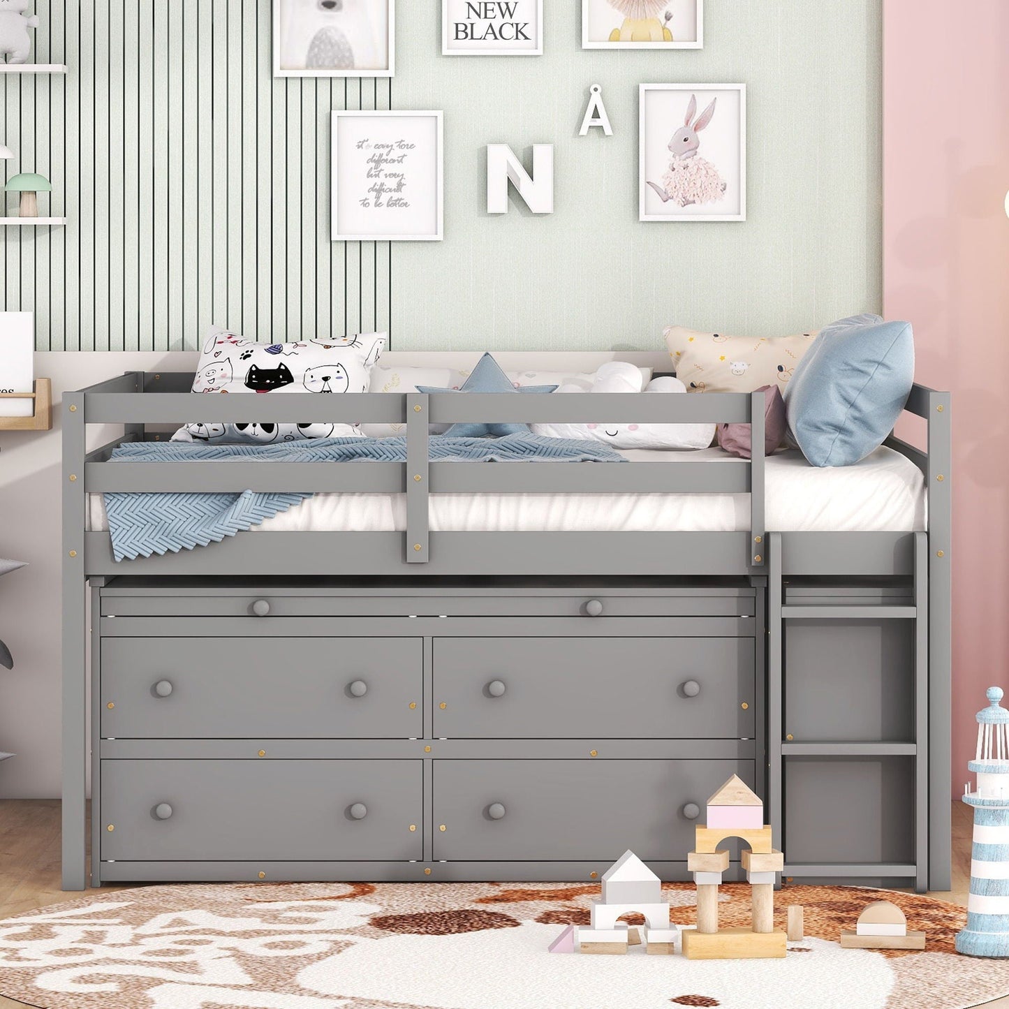 Gray loft bed with retractable writing desk, 4 drawers and side shelves Unique Piece Furniture on Tampa Home & Garden Store