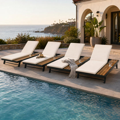 Black Iron and Teak Outdoor Chaise Lounge Set