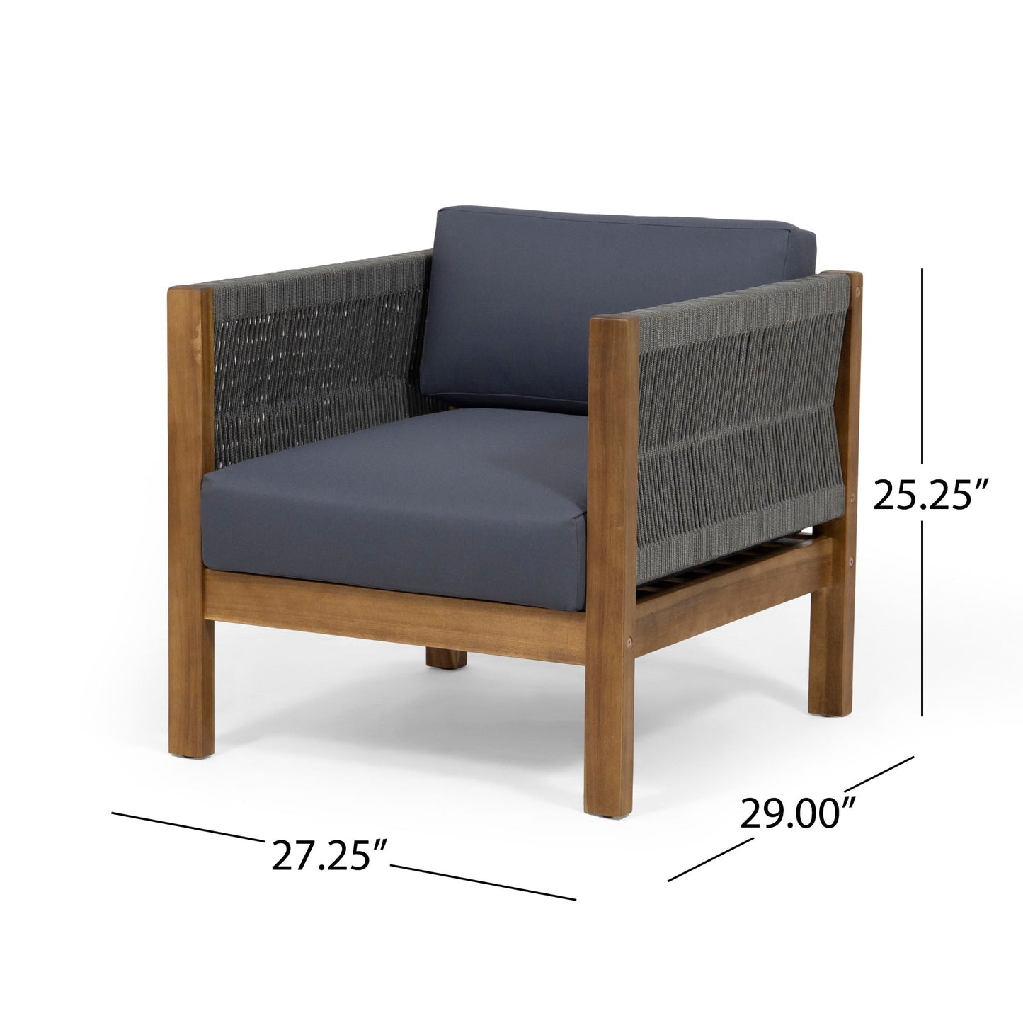 Outdoor Club Chair with Rattan Rope Wave in dark gray cushions, wooden frame by HouseOfZazla on Tampa Home & Garden Store