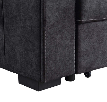 Toby woven fabric sleeper sectional close-up in dark charcoal with white stitching and legs on Tampa Home & Garden Store