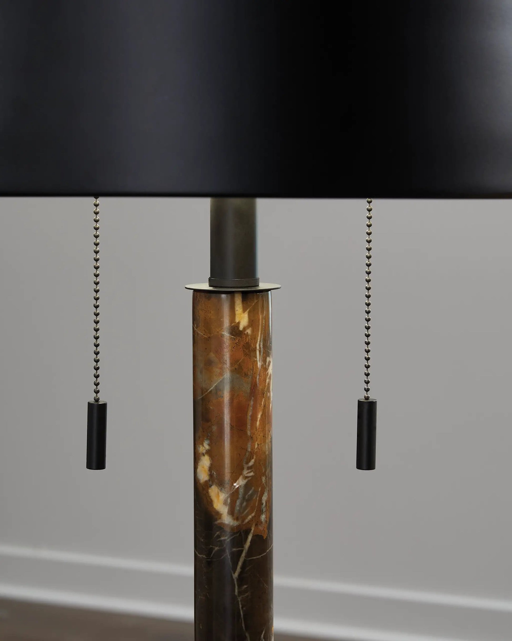 Alanbert metal table lamp with black shade and brown marble column, two pull chains on Tampa Home & Garden Store