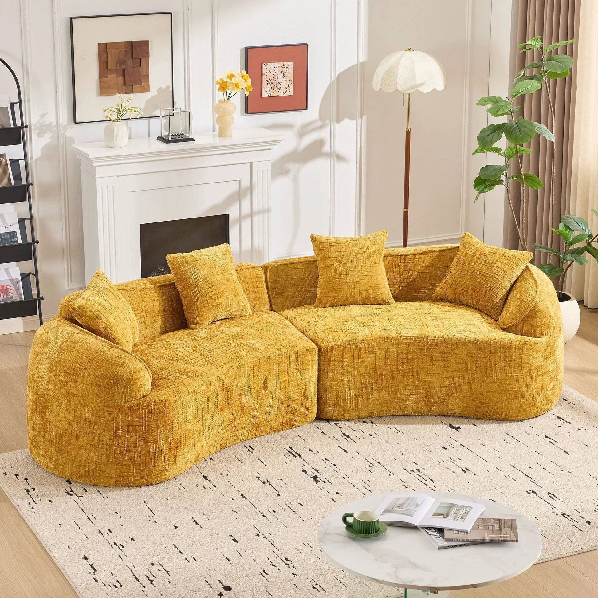 Curved Compressed Sofa mustard fabric by Unique Piece Furniture in Nordic living room on Tampa Home & Garden Store