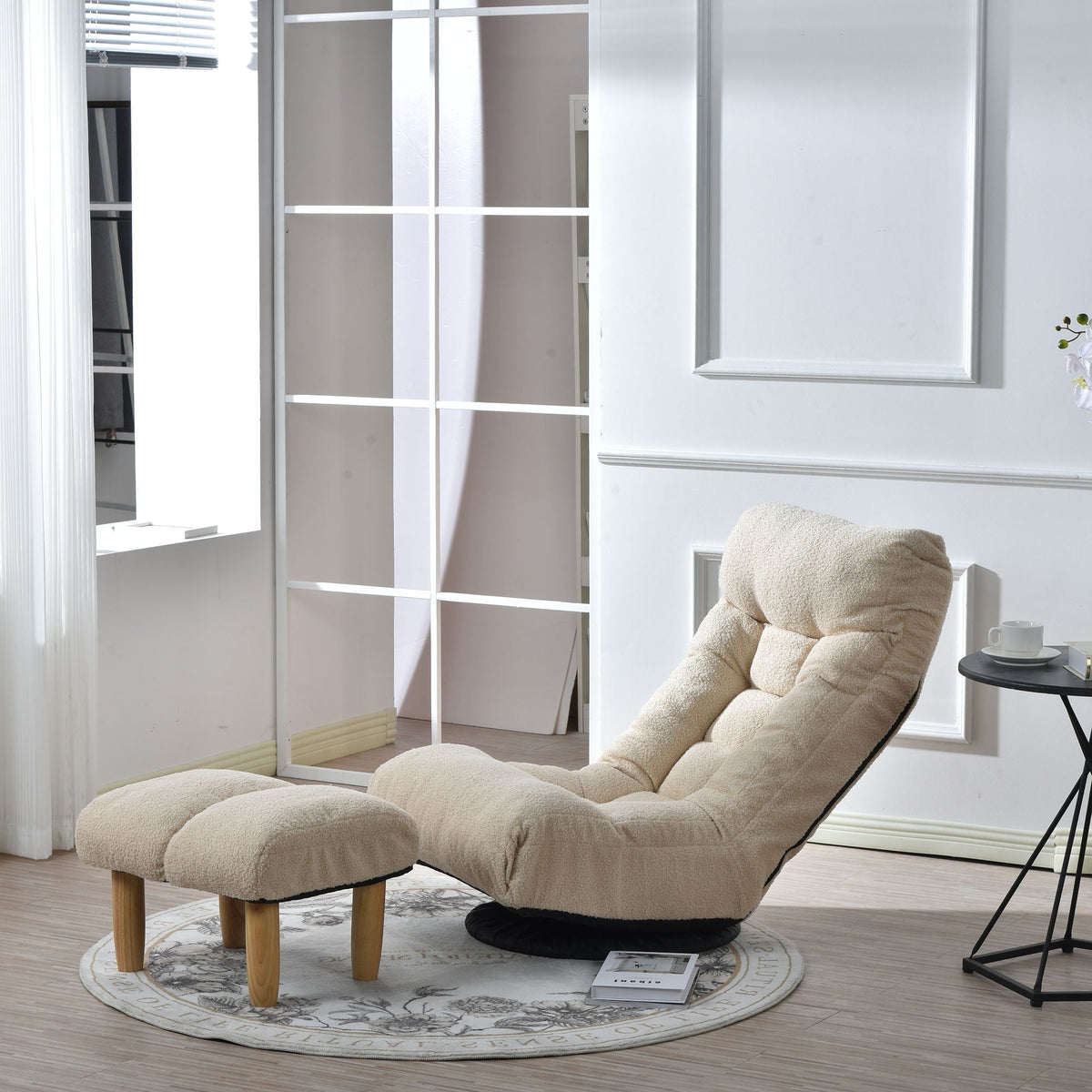 Adjustable reclining floor chair HouseOfZazla beige plush upholstery with wooden legs on Tampa Home & Garden Store