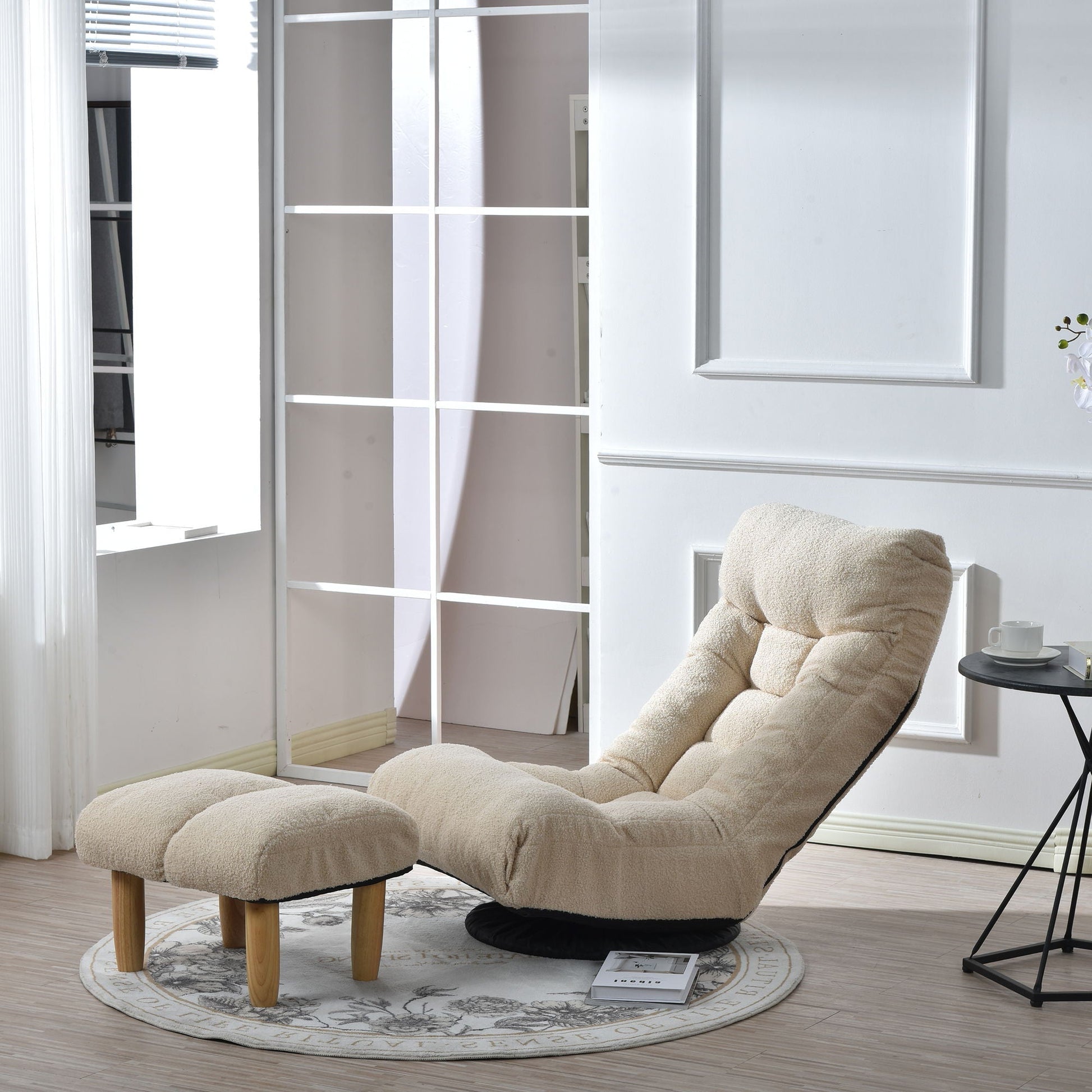 Adjustable reclining floor chair HouseOfZazla beige plush upholstery with wooden legs on Tampa Home & Garden Store