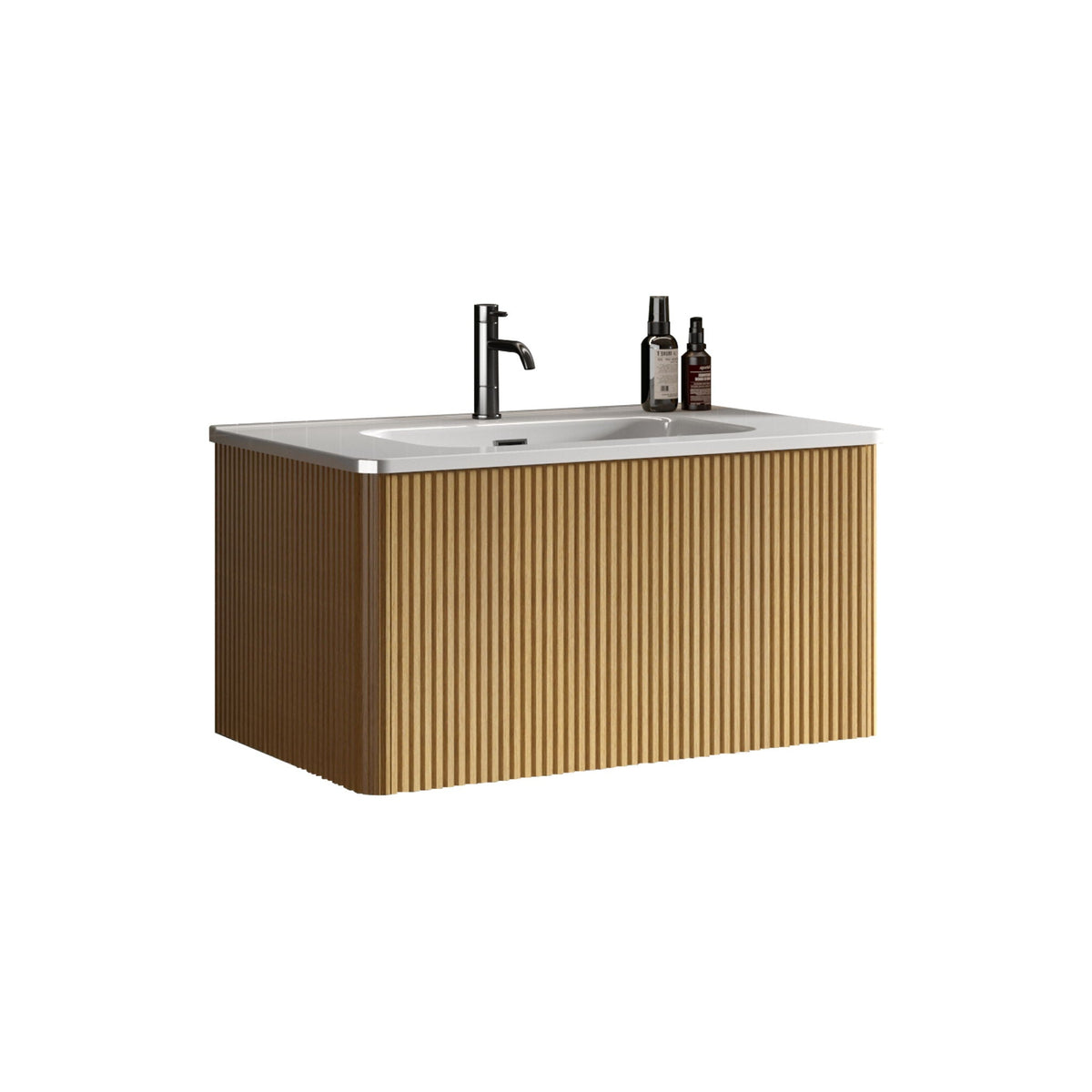 HouseOfZazla striped wall-mounted vanity with ceramic sink, slat front, curved safety edges on Tampa Home & Garden Store