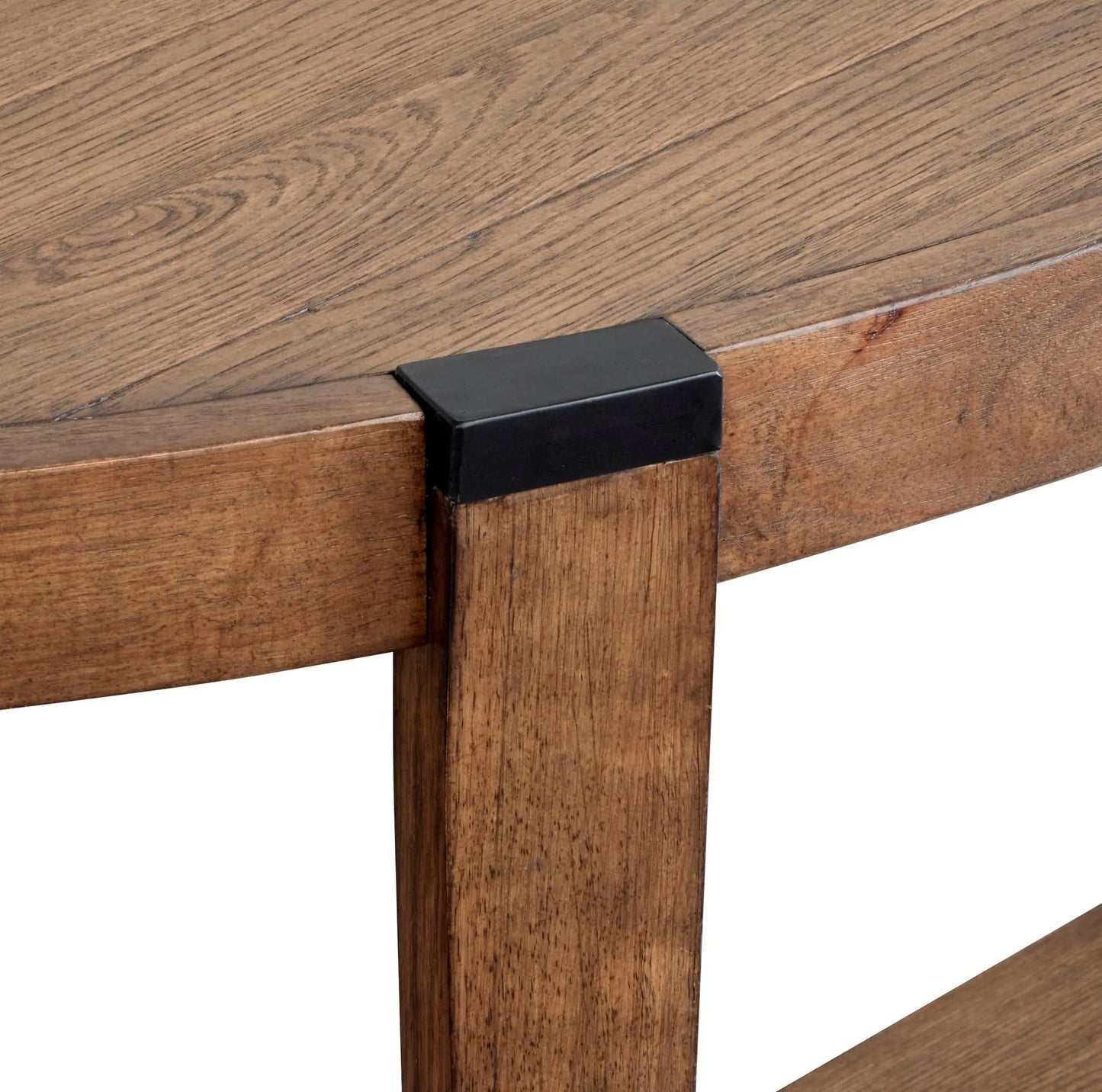 Kaysen Demilune Sofa Table Wallaby wood finish with black metal corner cap by Unique Piece on Tampa Home & Garden Store