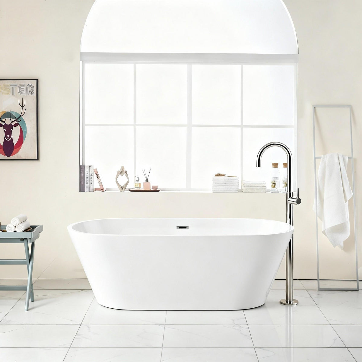 Glossy white freestanding bathtub with chrome drain and floor-mounted faucet HouseOfZazla on Tampa Home & Garden Store