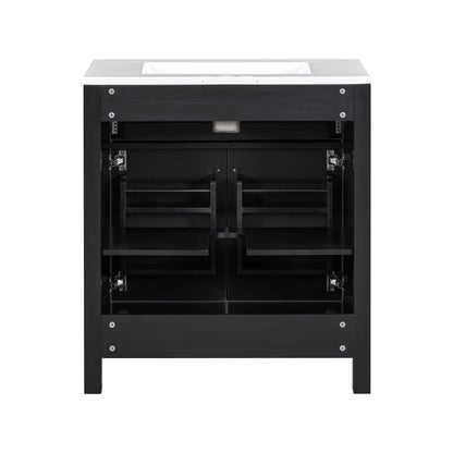 Modern black bathroom vanity with white ceramic sink and soft-close doors HouseOfZazla on Tampa Home & Garden Store