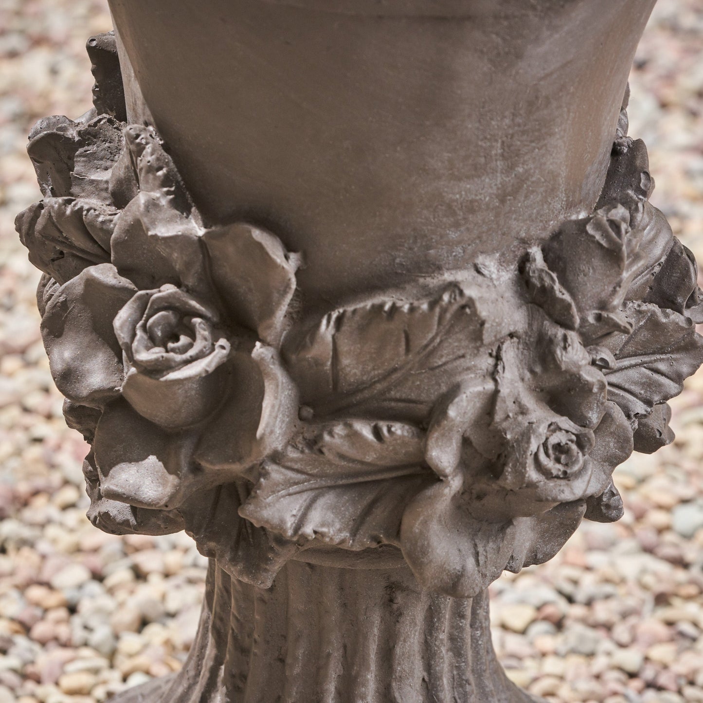 MGO Garden Urn Planter by HouseOfZazla, brown textured urn with floral rosette accents on Tampa Home & Garden Store