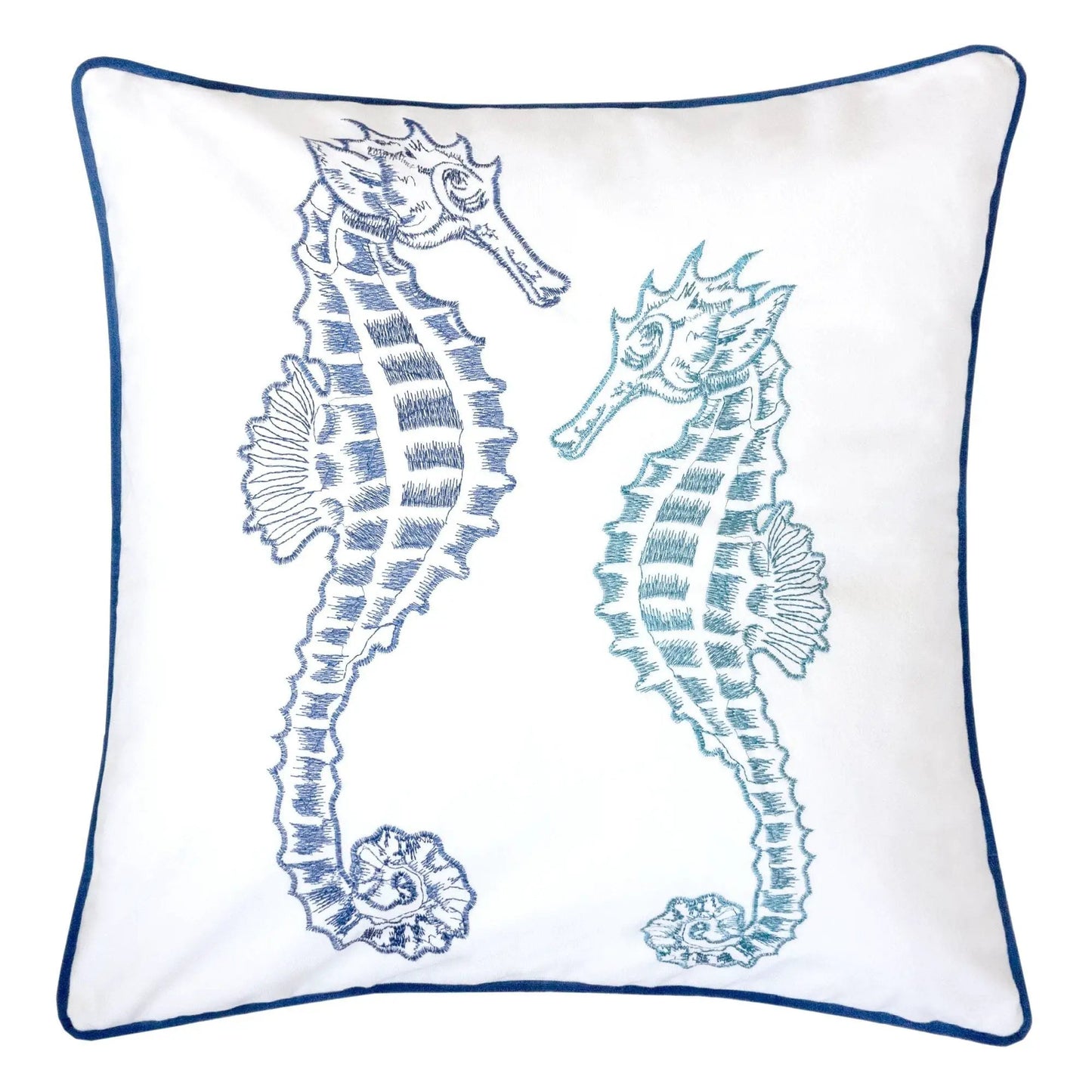 Seahorses pillow cover white with blue piping and teal seahorse embroidery, matching back on Tampa Home & Garden Store