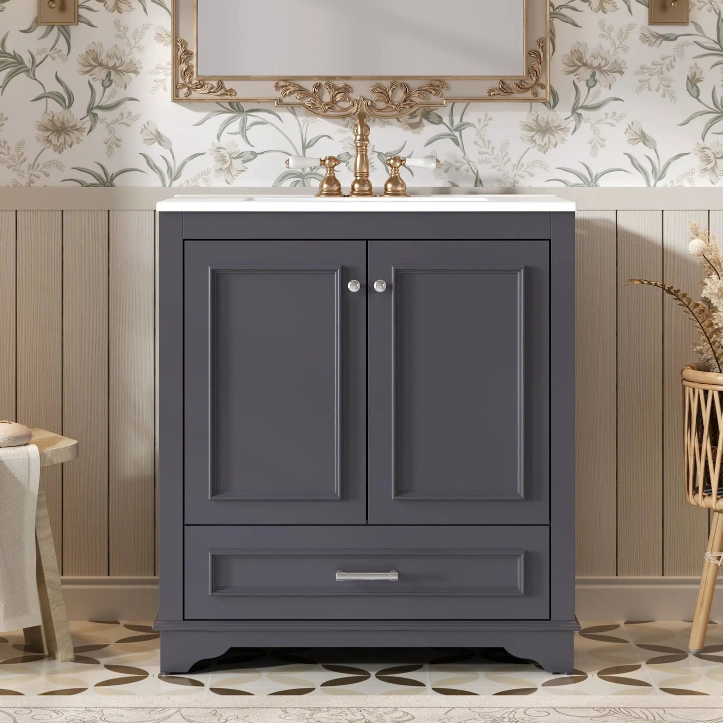 Bathroom vanity with sink in cabinet, brass faucet and 2 soft-close doors with adjustable shelf on Tampa Home & Garden Store