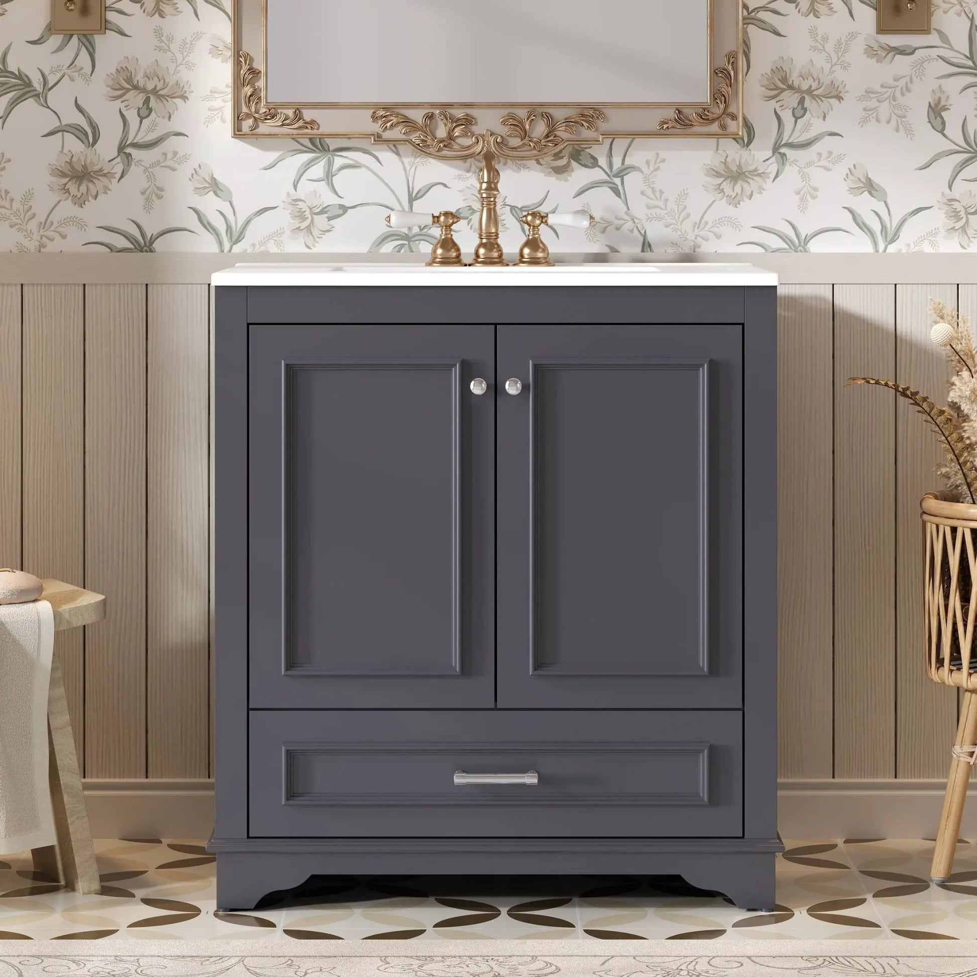 Bathroom vanity with sink in cabinet, brass faucet and 2 soft-close doors with adjustable shelf on Tampa Home & Garden Store