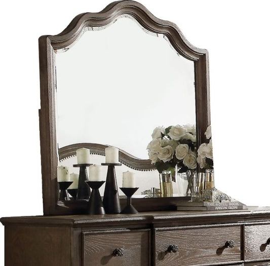Weathered oak mirror with beveled edge on a wooden dresser with white roses and candles on Tampa Home & Garden Store