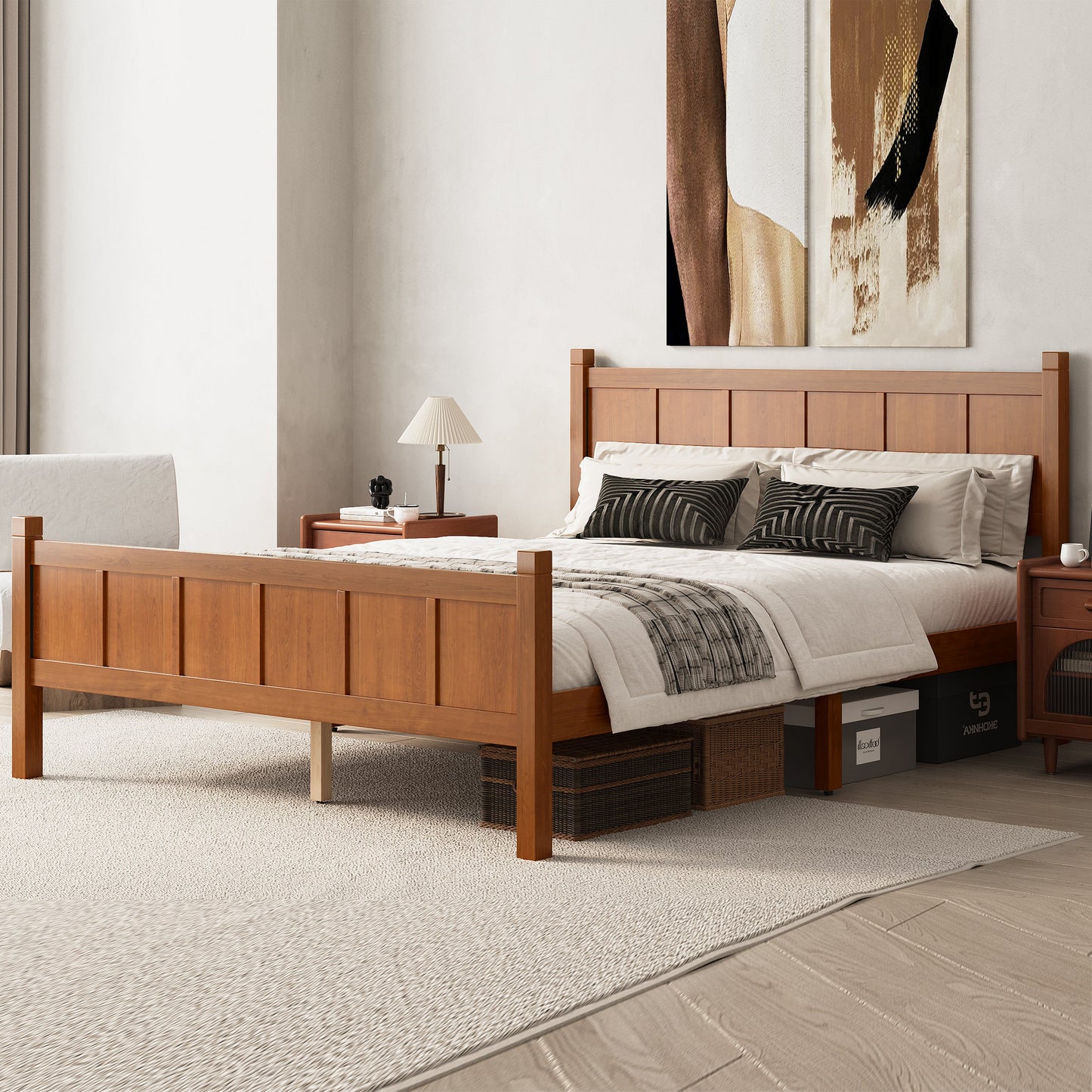 Queen size flat panel bed with headboard and footboard in warm wood finish by HouseOfZazla on Tampa Home & Garden Store