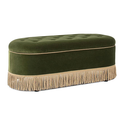 Storage bench Melinda oval tufted green velvet with gold bullion fringe by HouseOfZazla on Tampa Home & Garden Store