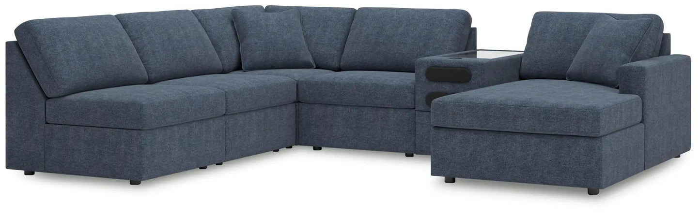 Modmax Stationary Sectional ink blue fabric with built-in glass-top center console and chaise on Tampa Home & Garden Store