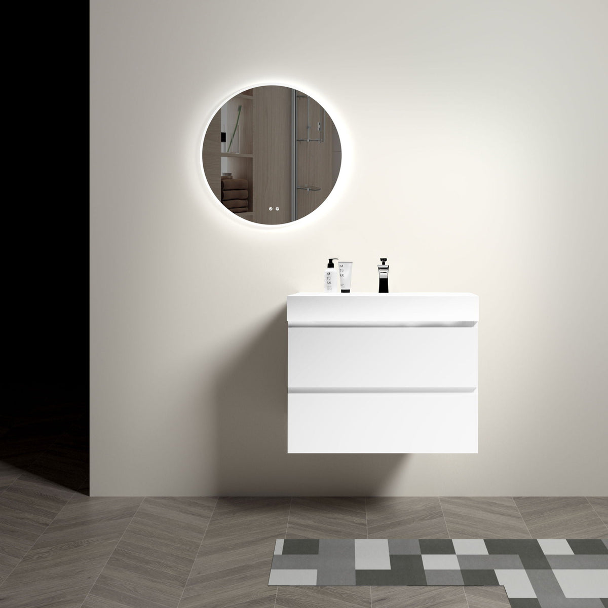 Modern floating bathroom vanity with large storage in white finish and LED round mirror on Tampa Home & Garden Store