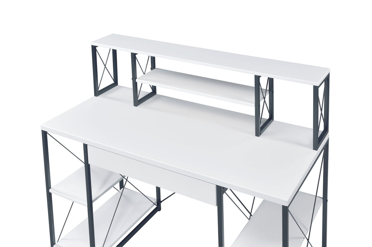 Amiel Writing Desk with Storage white top, dark gray metal frame and X-brace HouseOfZazla on Tampa Home & Garden Store
