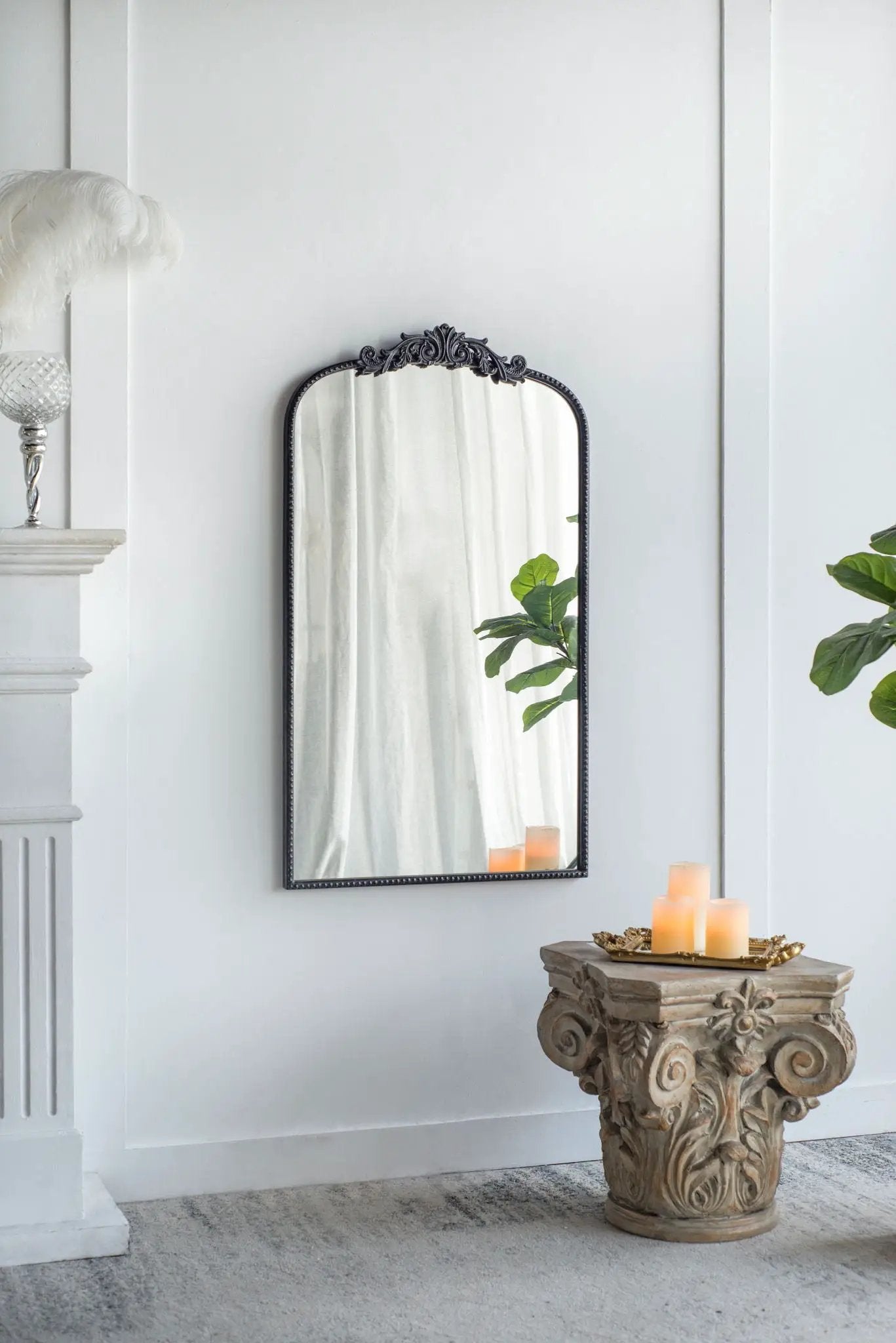Arch Mirror with Baroque-inspired black ornate frame, wall decor for bathroom/bedroom on Tampa Home & Garden Store