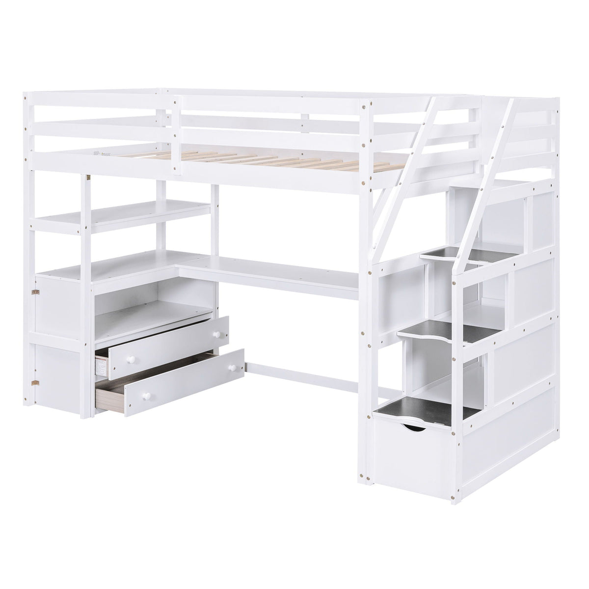 Loft bed with desk, shelves, 2 drawers and storage stairs in white by HouseOfZazla on Tampa Home & Garden Store