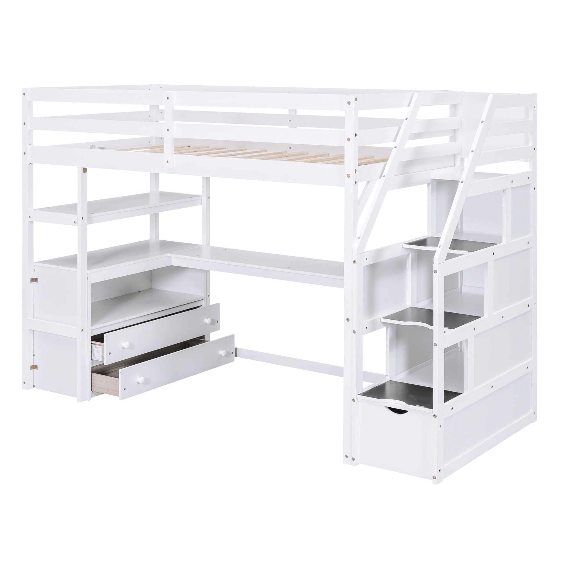 Loft bed with desk, shelves, 2 drawers and storage stairs in white by HouseOfZazla on Tampa Home & Garden Store
