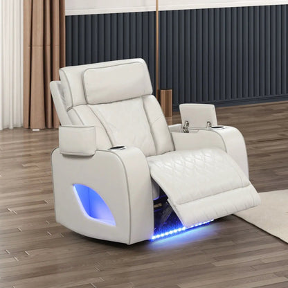Fortuner power reclining chair white leather with quilted seat, cup holders, blue LED glow on Tampa Home & Garden Store