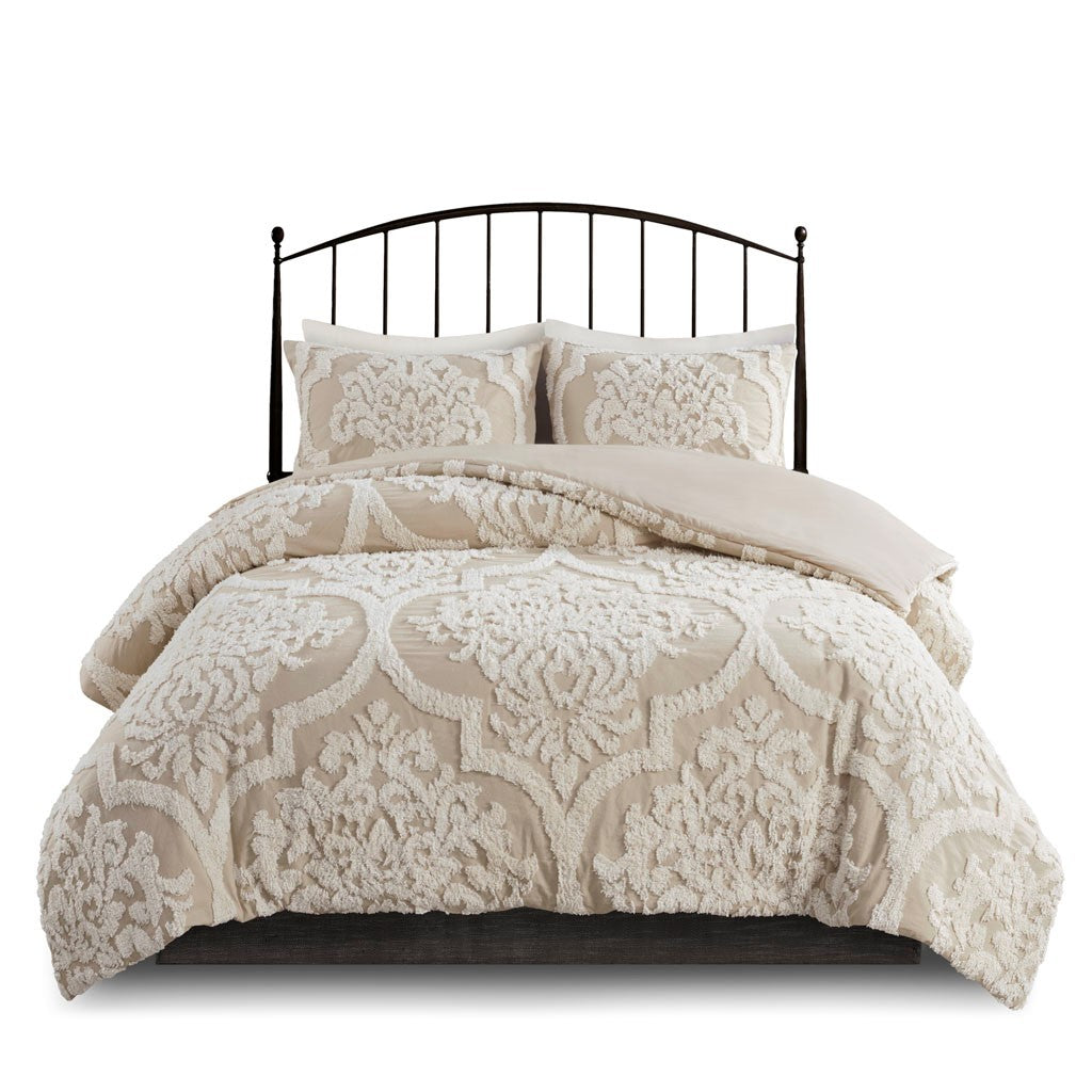 King/Cal King 3-Piece Tufted Cotton Chenille Duvet Cover Set beige damask by HouseOfZazla on Tampa Home & Garden Store
