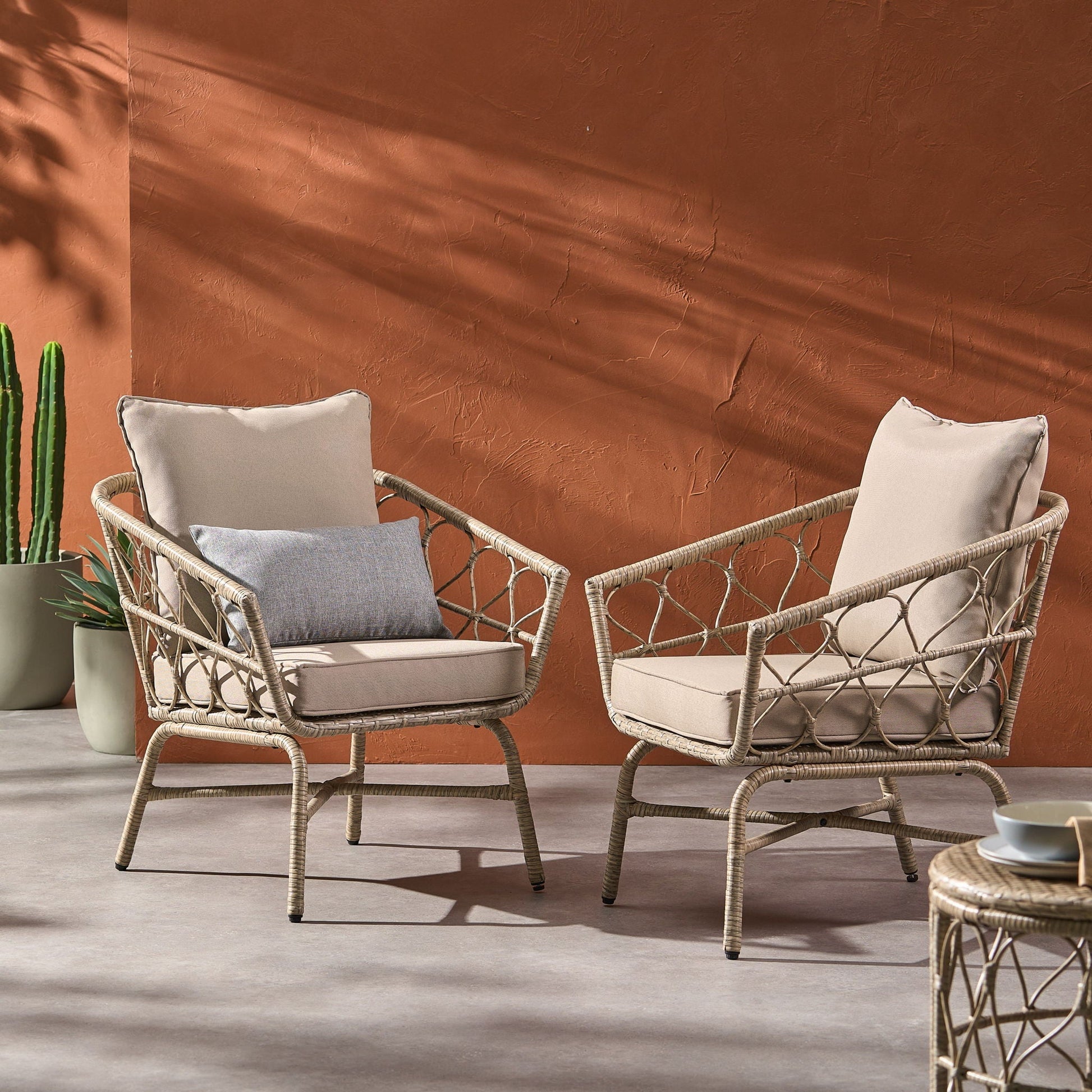 Bruce Outdoor Club Chair Set with Water Resistant Cushions beige cushions on wicker chairs on Tampa Home & Garden Store